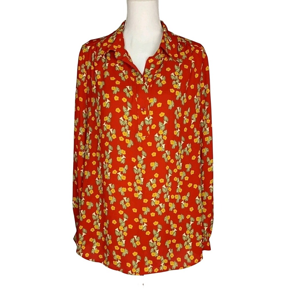 Cabi Belfry Blouse Red Floral Women's Long Sleeves Size M V-neck #3947